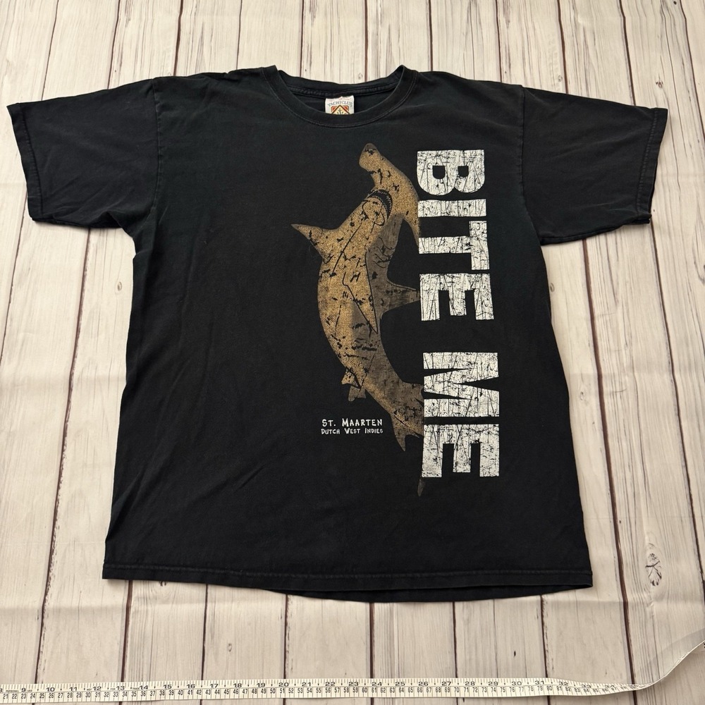 St Maarten Shark Bite Me T Shirt Mens Large Black Yachtclub Dutch West Indies